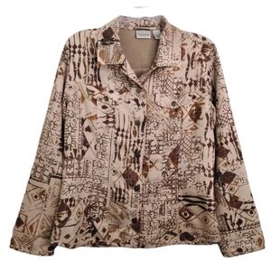 Chicos Brown Soft Tribal Graphic Boho Print Button Up Shirt Womens Size 1 Medium